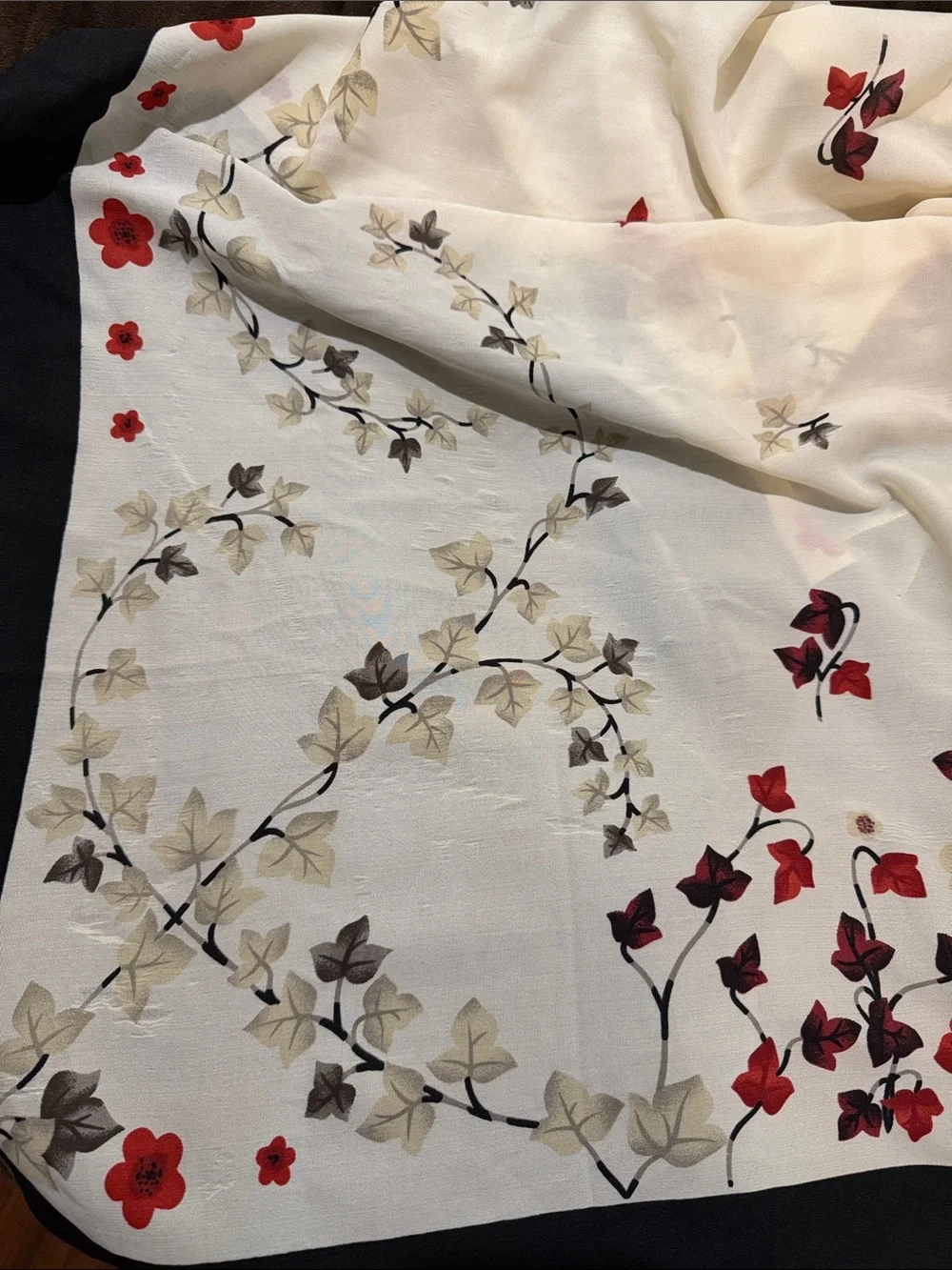 Elegant Floral Silk-Feel Scarf - Cream with Red Blooms 44x44 in